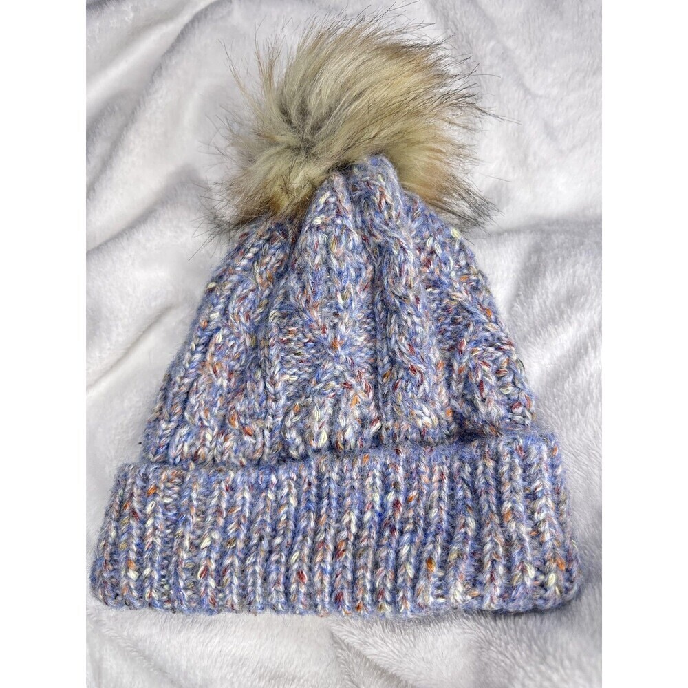 David & Young Hat Cap Beanie OS Blue Speckled Knit Faux Fur Pom Womens Winter - Picture 4 of 4